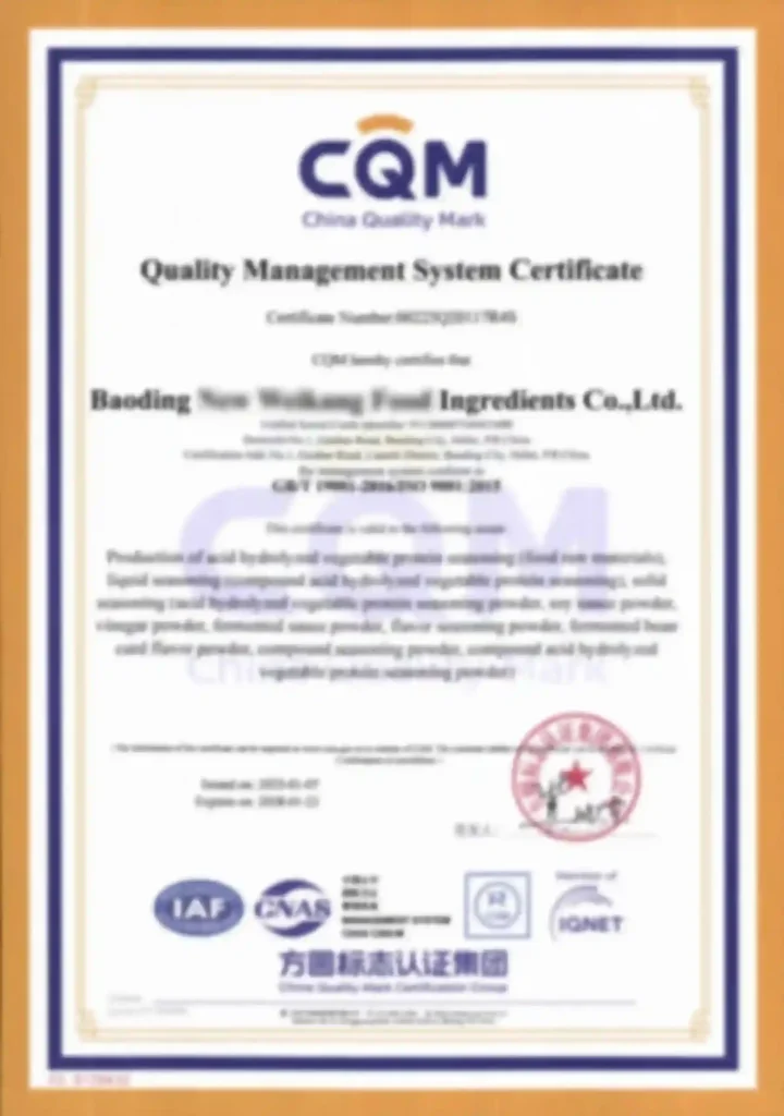 ISO 9001 quality management system certification for food raw materials production