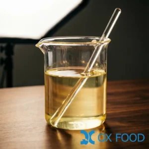 Corn HVP liquid HVP-YYA, pale yellow clear liquid in glass beaker, roasted aroma, soy-free savory base