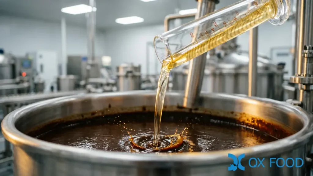 Corn HVP Liquid | Soy-Free Roasted Aroma HVP-YYA 2 Corn HVP liquid being metered into industrial mixing vessel for roasted aroma seasoning production