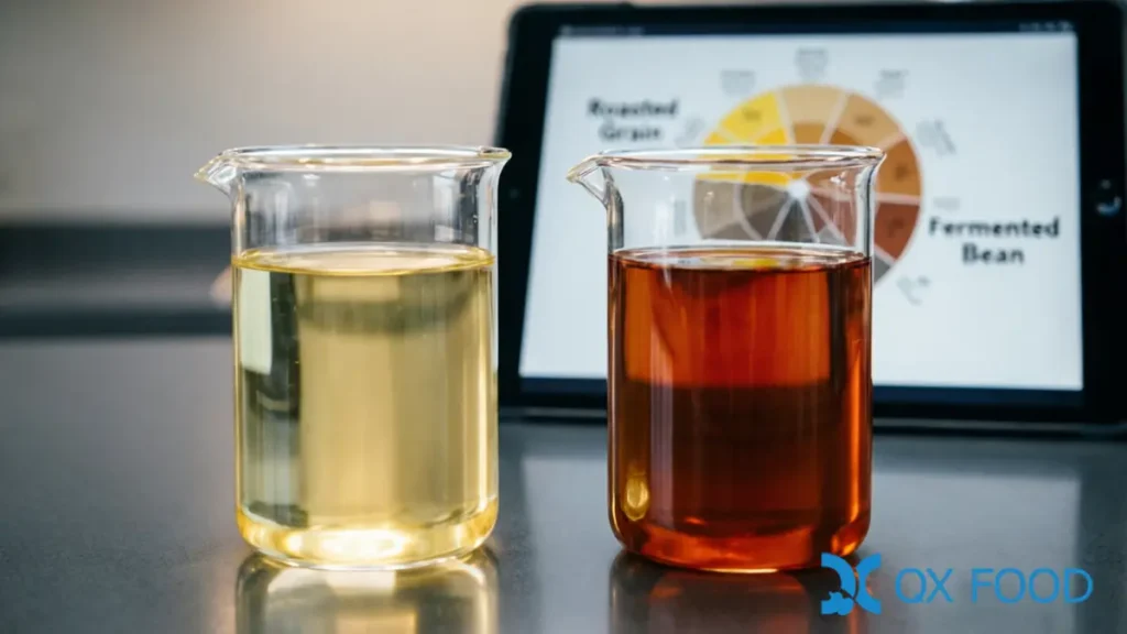 Corn HVP Liquid | Soy-Free Roasted Aroma HVP-YYA 3 Corn HVP liquid roasted aroma profile comparison with pale yellow appearance vs soy reddish-brown