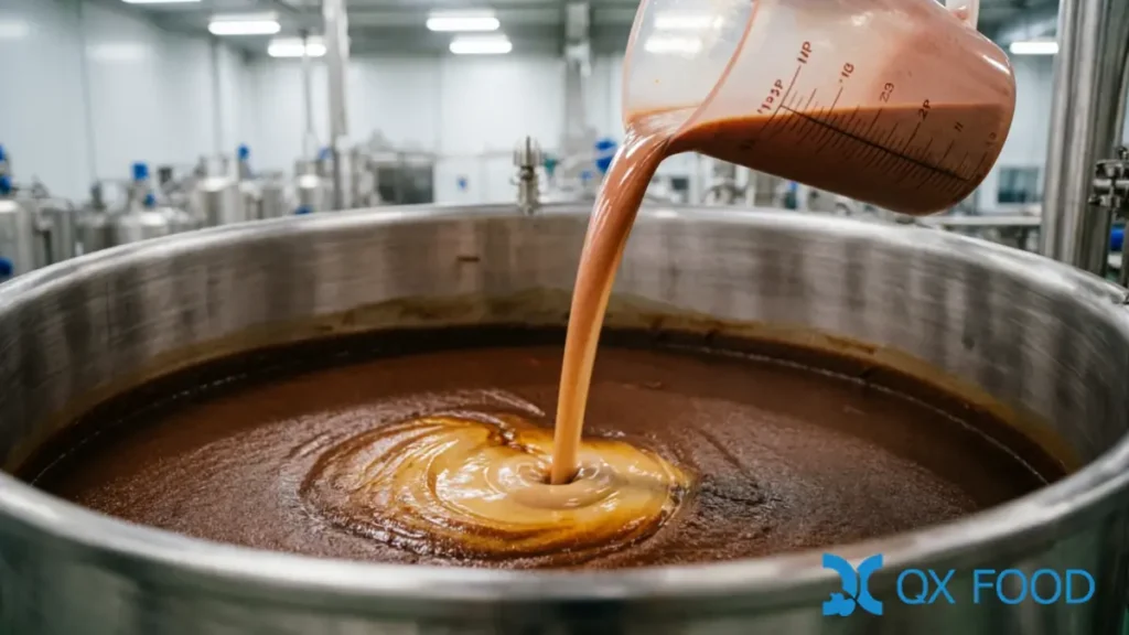 Economical soy HVP liquid being metered into a large mixing tank for bulk compound seasoning paste production