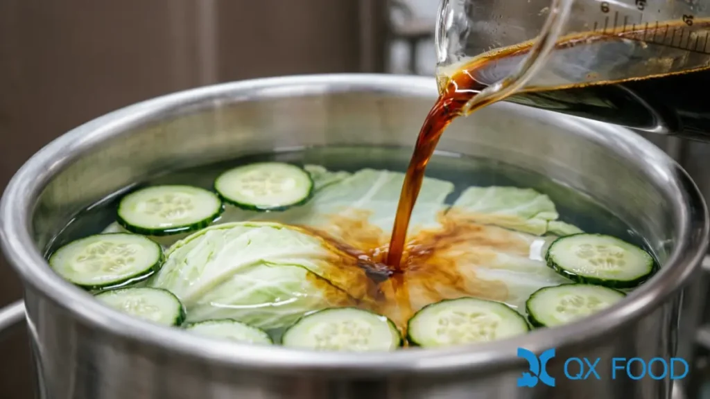 Economical Soy HVP Liquid | Cost-Effective Savory Base for Bulk Production - HVP-YSD 3 Economical soy HVP liquid being added to pickled vegetable brine tank at 10-40% inclusion rate