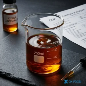 Enhanced umami soy HVP liquid HVP-YBI, reddish-brown amber concentrate in glass laboratory beaker
