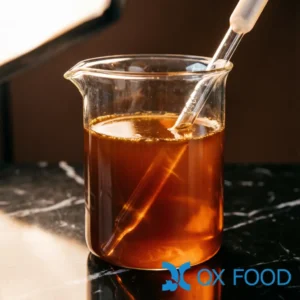 High nitrogen corn HVP liquid HVP-YYB, brownish-red clear liquid in glass beaker, total N 2.4 g/100g premium tier