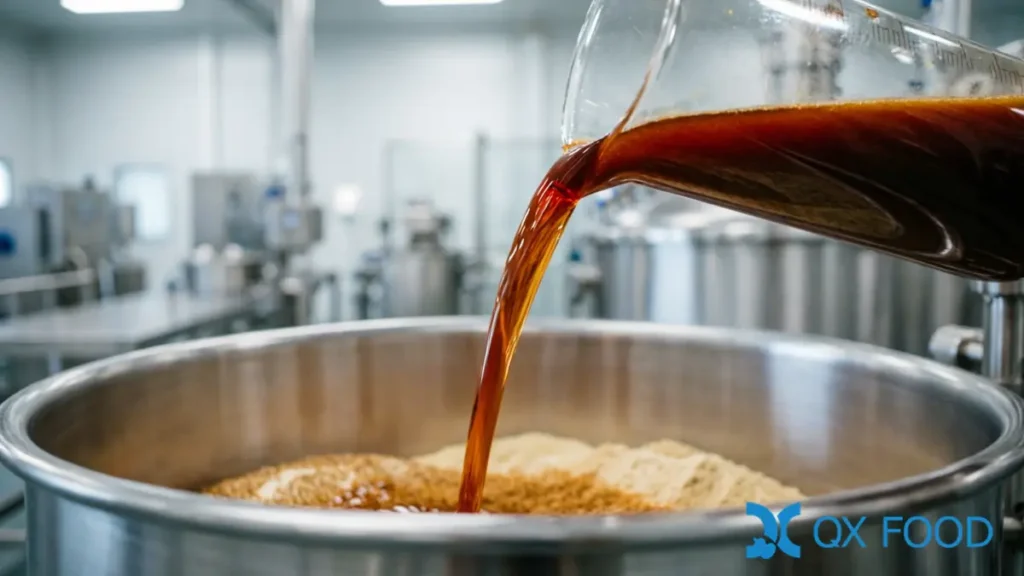 High nitrogen corn HVP liquid being metered into stainless steel vessel for premium savory production
