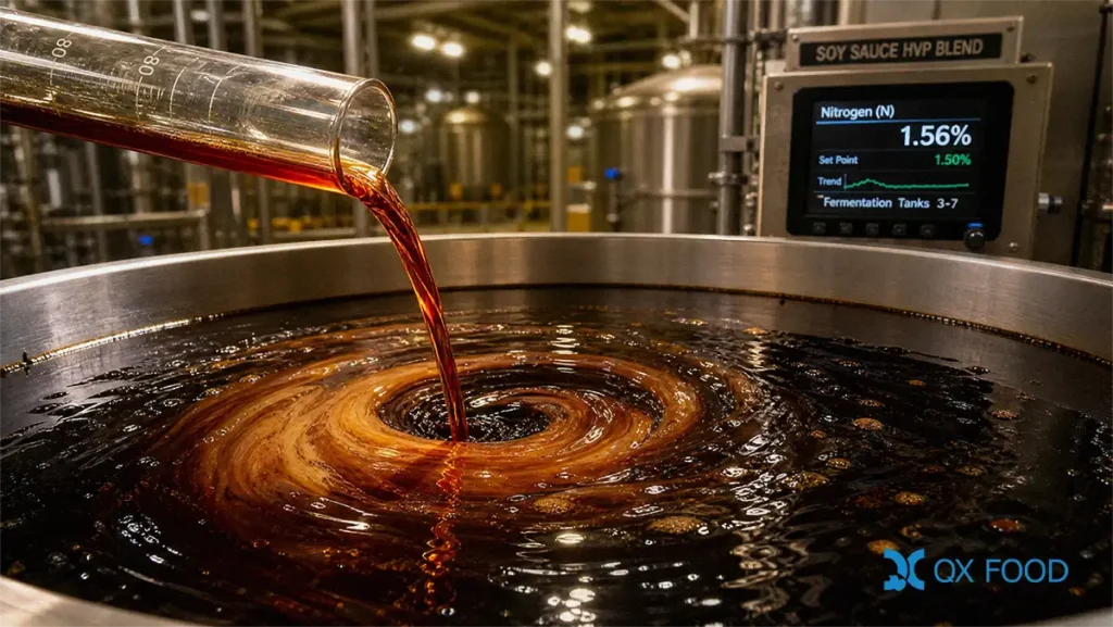 High Nitrogen Soy HVP Liquid | Premium HVP-YSBH for Soy Sauce & Mea 2 High nitrogen soy HVP liquid being blended into premium soy sauce production with fermentation tanks