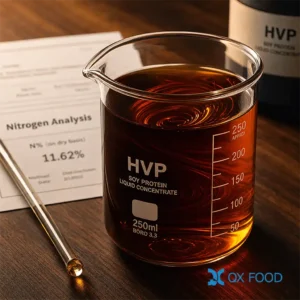 High nitrogen soy HVP liquid HVP-YSBH, deep reddish-brown premium concentrate in glass beaker with rich sauce fragrance