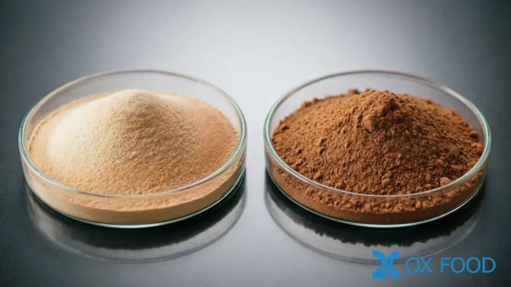 Economical Light Tea-Colored Soy HVP Powder | Value-Grade HVP-FSBE 3 HVP-FSBE light tea-colored powder compared with standard brownish-red HVP powder for visual formulation flexibility