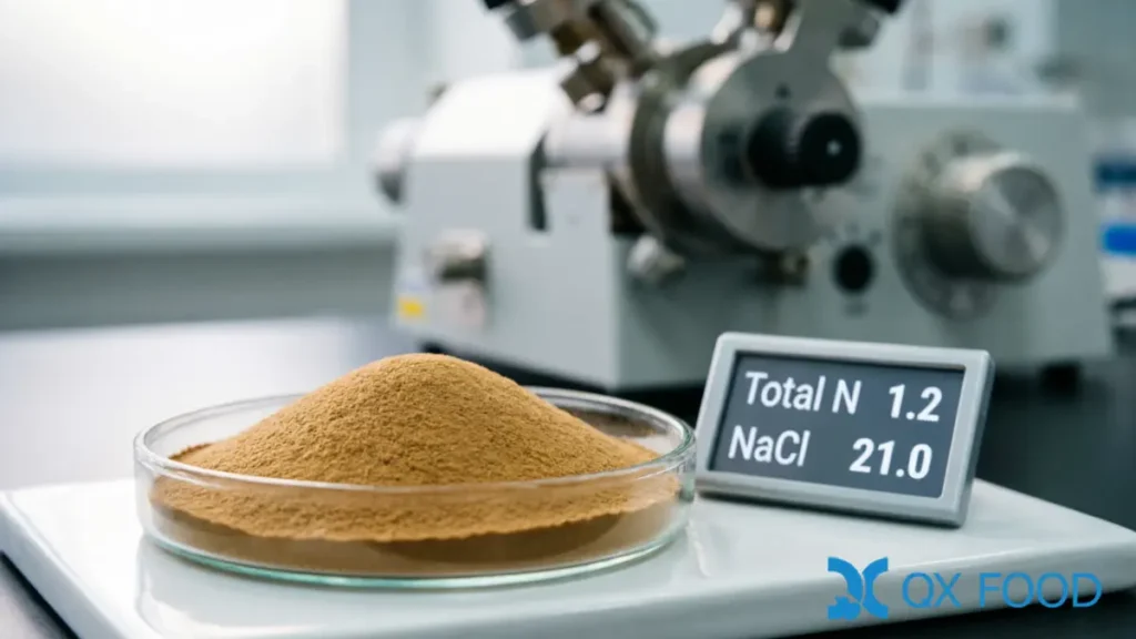 WK-F03 natural flavor enhancer HVP powder specifications, low nitrogen 1.2N, low salt 21.0, brownish-yellow fine smooth powder