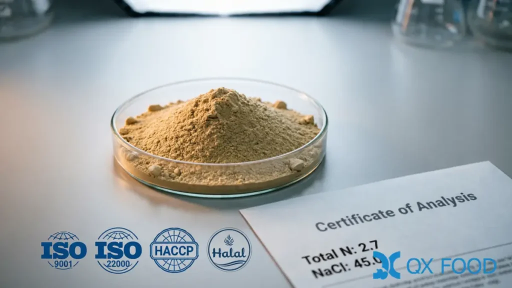 Economical Light Tea-Colored Soy HVP Powder | Value-Grade HVP-FSBE 5 HVP-FSBE economical soy HVP powder quality control with light tea-colored powder and certification documentation