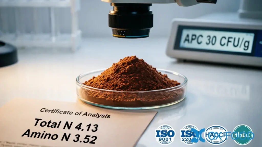 HVP-FSAH high nitrogen soy HVP powder quality control with total N 4.13 and Q/BWK 0001S certification