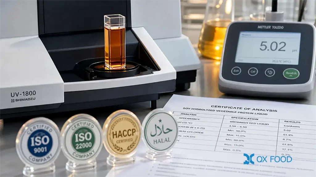Standard Soy HVP Liquid Savory Base | Rich Sauce Fragrance HVP-YSB - HVP-YSB 3 HVP-YSB liquid HVP quality control with ISO 9001, ISO 22000, HACCP, and Halal certification documentation
