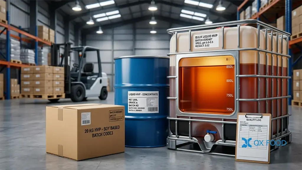 Soy HVP liquid industrial packaging options including cartons, drums, and bulk containers for B2B logistics