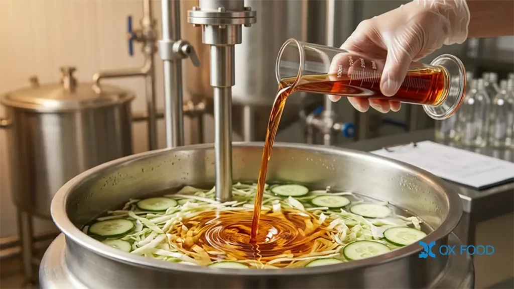 Soy HVP liquid being poured into pickling brine tank for vegetable processing 