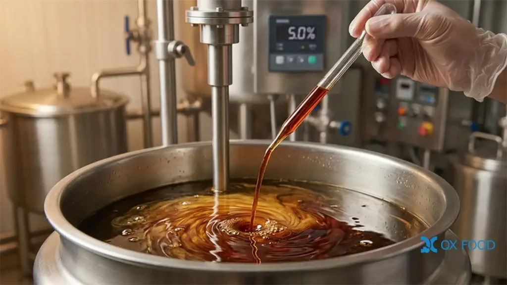 Soy HVP liquid concentrate being added to sauce mixing vessel in condiment manufacturing