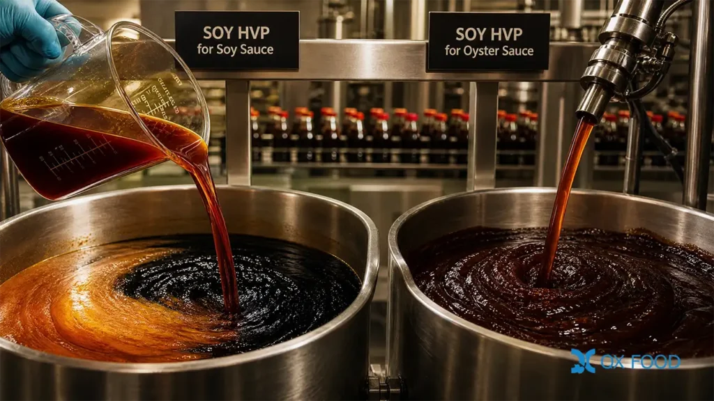 Standard Soy HVP Liquid Savory Base | Rich Sauce Fragrance HVP-YSB - HVP-YSB 2 Standard soy HVP liquid being added to soy sauce and oyster sauce mixing vessels in condiment manufacturing