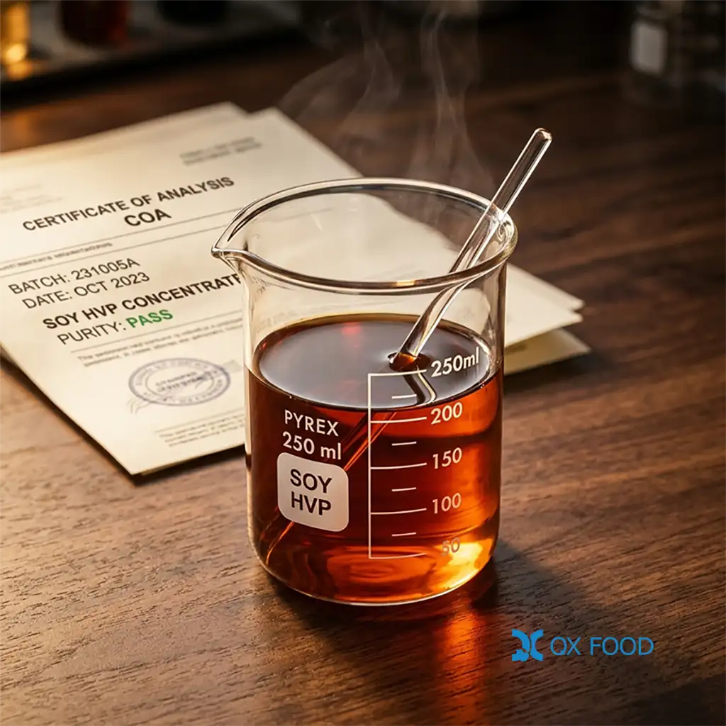 Standard Soy HVP Liquid Savory Base | Rich Sauce Fragrance HVP-YSB - HVP-YSB 1 Standard soy HVP liquid savory base HVP-YSB, clear brownish-red transparent liquid in glass beaker with rich sauce fragrance