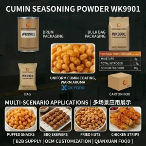 An informational graphic for Qianxuan Food's Cumin Seasoning Powder WK9901. It displays various industrial packaging options like a 20kg bulk industrial drum and a 20kg bulk industrial bag, alongside smaller bags and a carton box. A central image shows seasoned puffed snacks with text 'UNIFORM CUMIN COATING, WARM AROMA'. A table lists technical specifications per 100ml: Moisture 8g, Total Nitrogen 1.5g, and Sodium Chloride 30g. The lower section features four multi-scenario application images with text labels in English and Chinese: Puffed Snacks (膨化食品), BBQ Skewers (烧烤串), Fried Nuts (炒货坚果), and Chicken Strips (鸡肉条). The bottom text reads '[ B2B SUPPLY | OEM CUSTOMIZATION | QIANXUAN FOOD ]'.