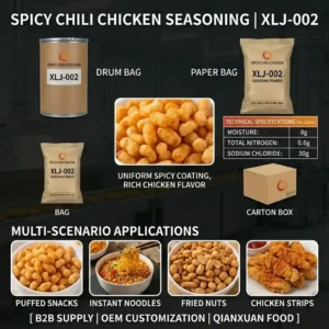 Qianxuan Food's XLJ-002 Spicy Chili Chicken Seasoning Powder B2B product showcase infographic. Displaying drum and bag packaging, industrial production line, coated puffed snacks close-up, a technical specifications table (moisture, nitrogen, sodium chloride), a carton box, and multi-scenario applications including instant noodles, fried nuts, and chicken strips.