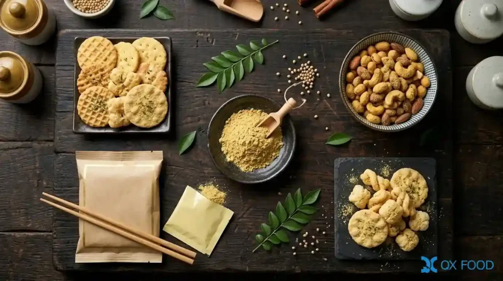 Brewed Soy Sauce Powder FSP-BC – High-Salt Drip Soy Sauce Powder with Rich Aroma and Balanced Flavor 2 Multiple food products using GLN-002 Japanese curry beef compound seasoning powder including rice crackers premium puffed snacks instant noodles and flavored nuts