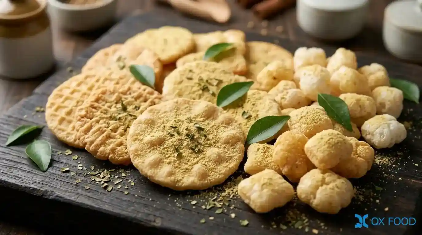 Curry Beef Seasoning Powder GLN – Japanese Style GLN-002 3 Japanese curry beef compound seasoning powder GLN-002 applied on rice crackers showing authentic soft golden yellow coating mild sweet Japanese curry flavor