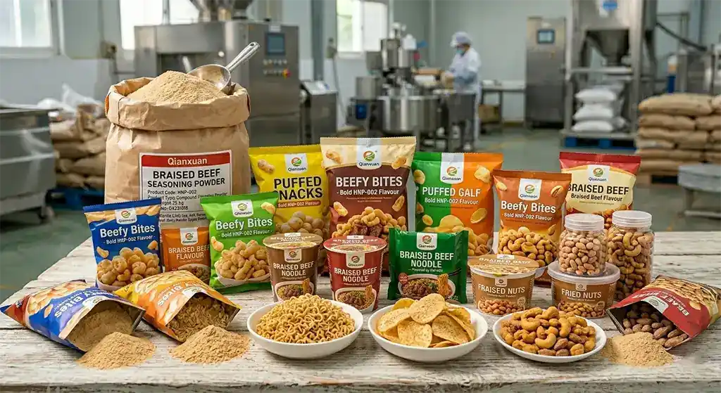 Braised Beef Seasoning Powder HNP-002 4 Multiple food products using HNP-002 braised beef compound seasoning powder including instant noodles puffed snacks and fried nuts