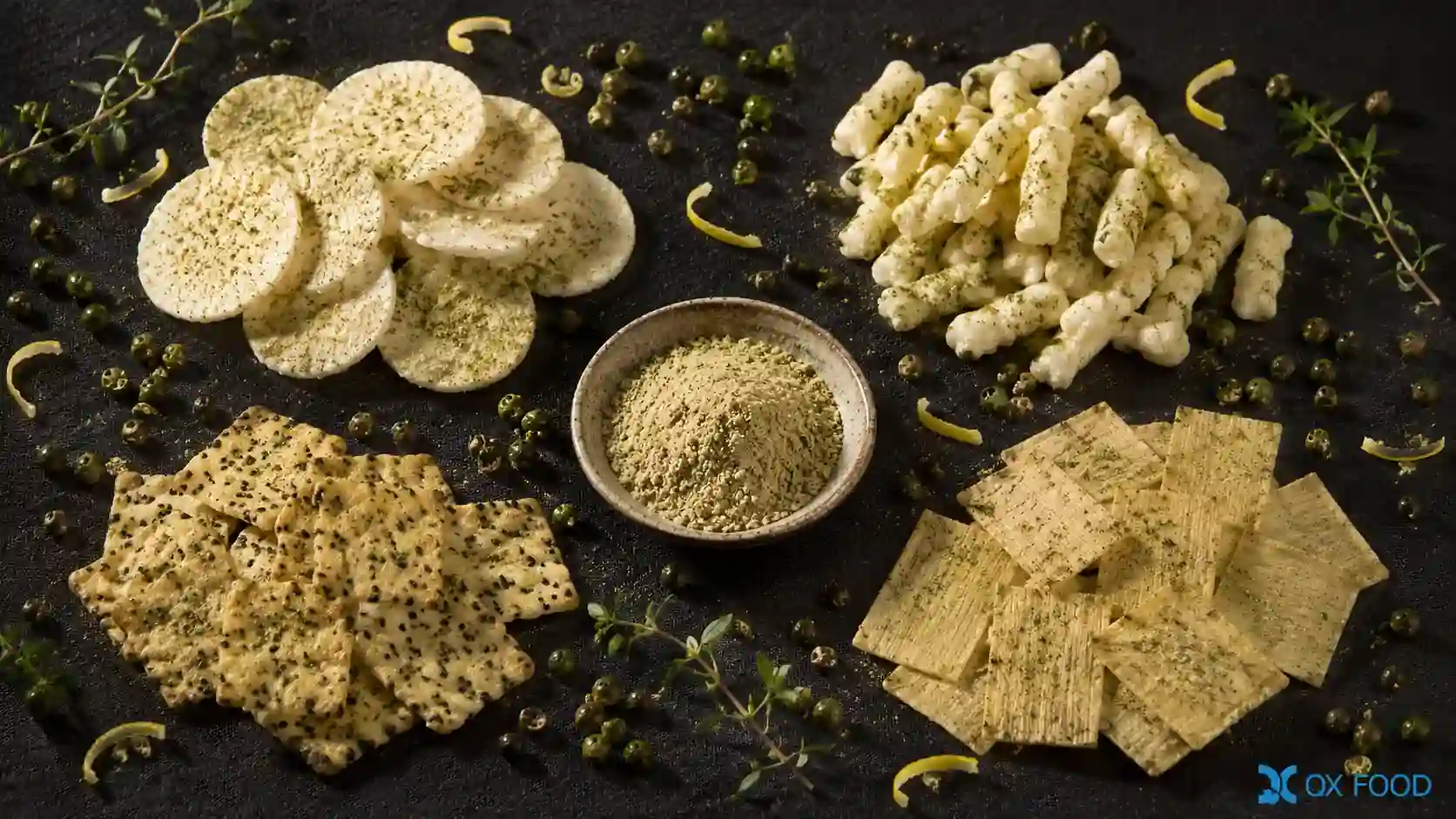 Pepper Salt Seasoning Powder JYF – Fresh Prickly Ash JYF-001 4 Premium snack products using JYF-001 fresh prickly ash pepper salt seasoning powder including thin rice crackers baked snacks and premium puffed snacks