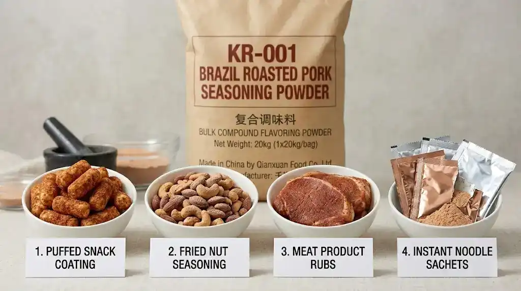 Brazil Barbecue Seasoning Powder KR-001 | Qianxuan Food 4 Multiple food products using KR-001 Brazil barbecue compound seasoning powder including puffed snacks fried nuts and instant noodles