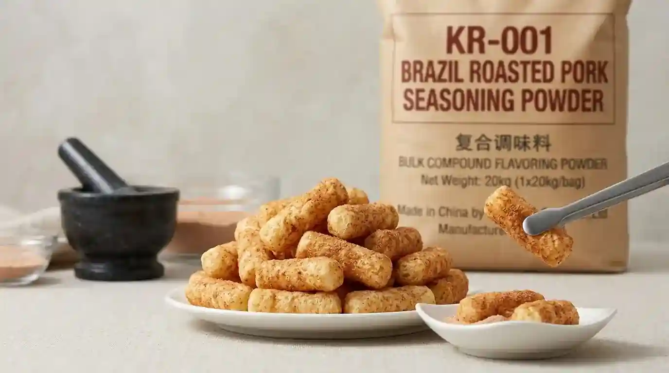 Brazil Barbecue Seasoning Powder KR-001 | Qianxuan Food 3 Brazil barbecue seasoning powder KR-001 applied on puffed snacks showing rich smoky coating and even distribution