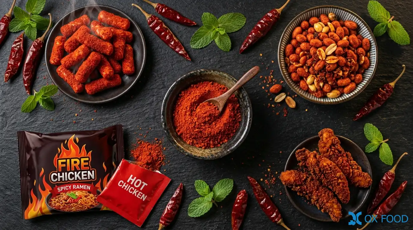 Spicy Hot Chicken Seasoning Powder MLJ-002 4 Multiple food applications using MLJ-002 spicy hot chicken seasoning powder hot puffed snacks fried nuts premium spicy chicken products instant noodles