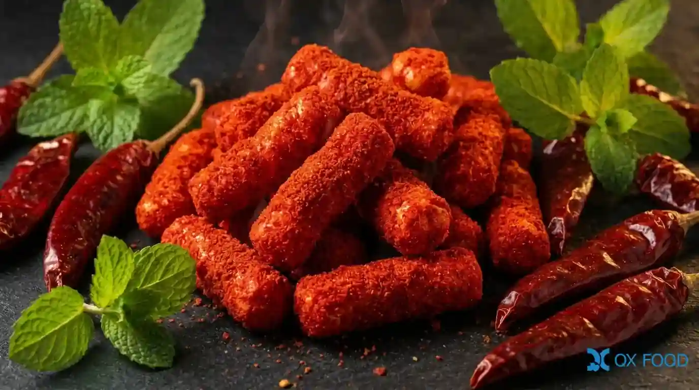 Spicy Hot Chicken Seasoning Powder MLJ-002 3 Spicy hot chicken seasoning powder MLJ-002 applied on puffed snacks showing bold spicy coating with refreshing aromatic finish vibrant red coating