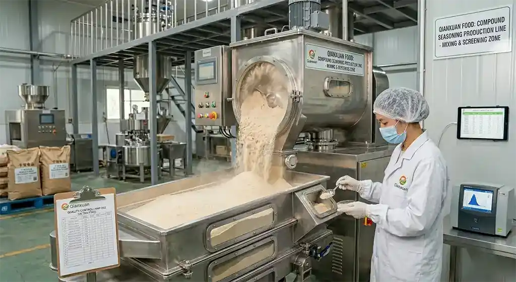 Braised Beef Seasoning Powder HNP-002 5 Qianxuan Food compound seasoning powder production facility showing mixing and screening process quality control