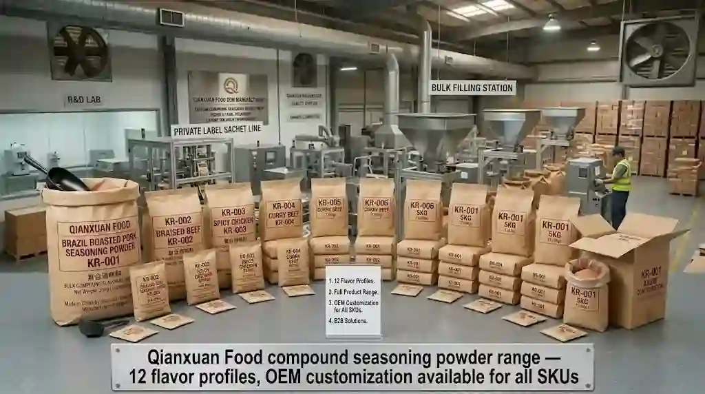 Brazil Barbecue Seasoning Powder KR-001 | Qianxuan Food 7 Qianxuan Food full compound seasoning powder product range 12 flavors including Brazil barbecue braised beef spicy chicken and curry beef for B2B food manufacturing