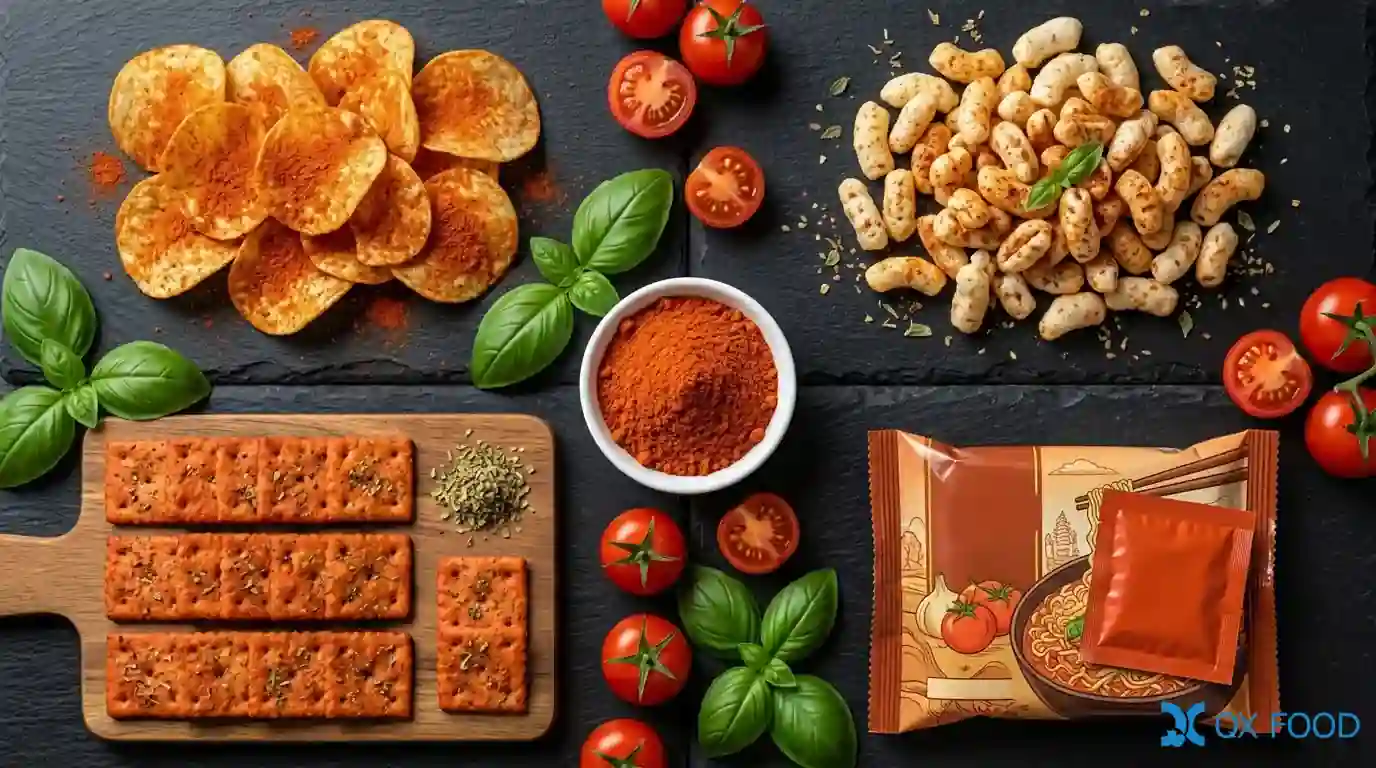 Multiple food products using TMP-002 tomato seasoning powder including potato chips puffed snacks pizza flavored crackers and instant noodles