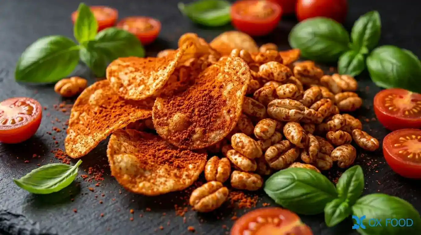 Tomato seasoning powder TMP-002 applied on potato chips and puffed snacks showing vibrant red orange tomato coating natural sweet sour flavor