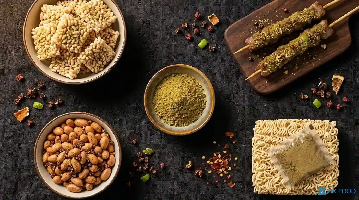 Pepper Salt Seasoning Powder – Prickly Ash Flavor WK9704 4 Multiple food products using WK9704 prickly ash pepper salt compound seasoning powder including puffed snacks fried nuts instant noodles and BBQ meat skewers