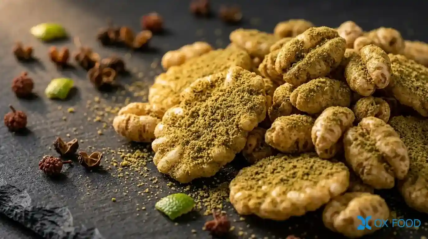 Pepper Salt Seasoning Powder – Prickly Ash Flavor WK9704 3 Prickly ash pepper salt compound seasoning powder WK9704 applied on snack foods showing characteristic coating with fresh Sichuan prickly ash aroma