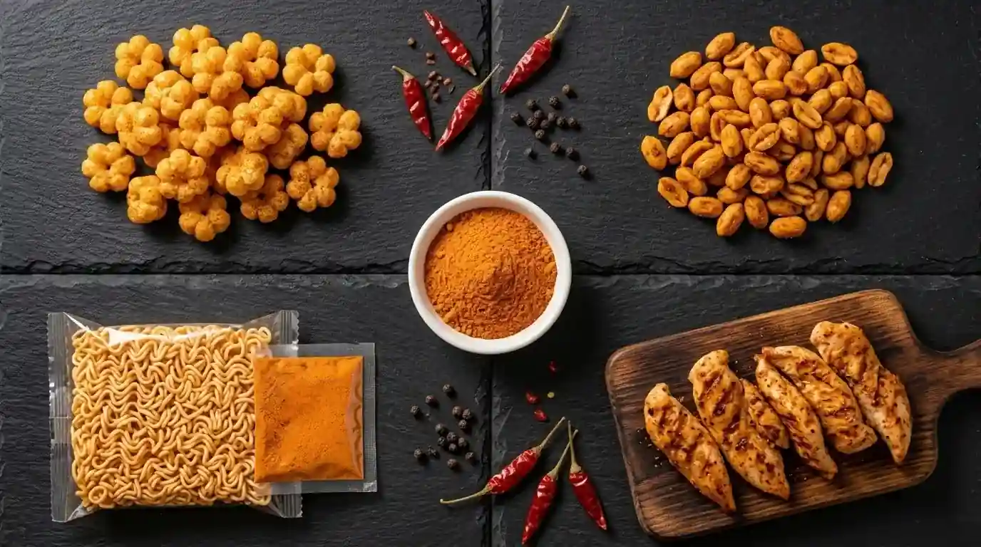 Multiple food applications using WK9802 spicy chicken seasoning powder puffed snacks fried nuts instant noodles chicken strips