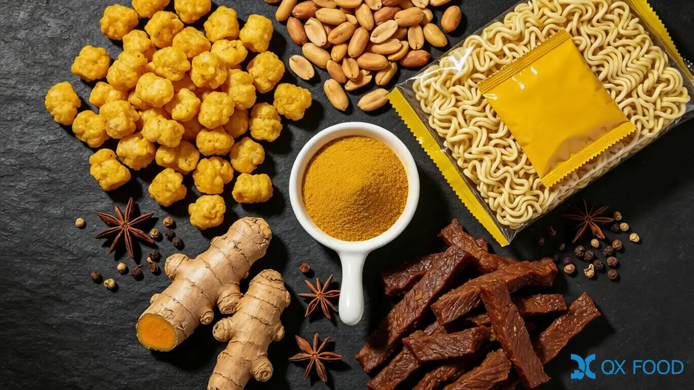 Curry Beef Seasoning Powder WK9805 | Qianxuan Food 4 Multiple food products using WK9805 curry beef compound seasoning powder including puffed snacks instant noodles fried nuts and curry beef meat products