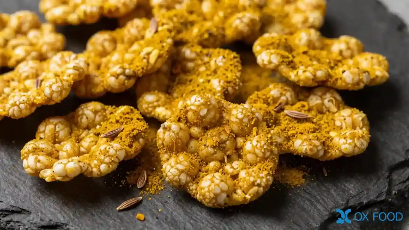 Curry Beef Seasoning Powder WK9805 | Qianxuan Food 3 Curry beef compound seasoning powder WK9805 applied on snack foods showing vibrant golden yellow curry coating rich mellow beef flavor