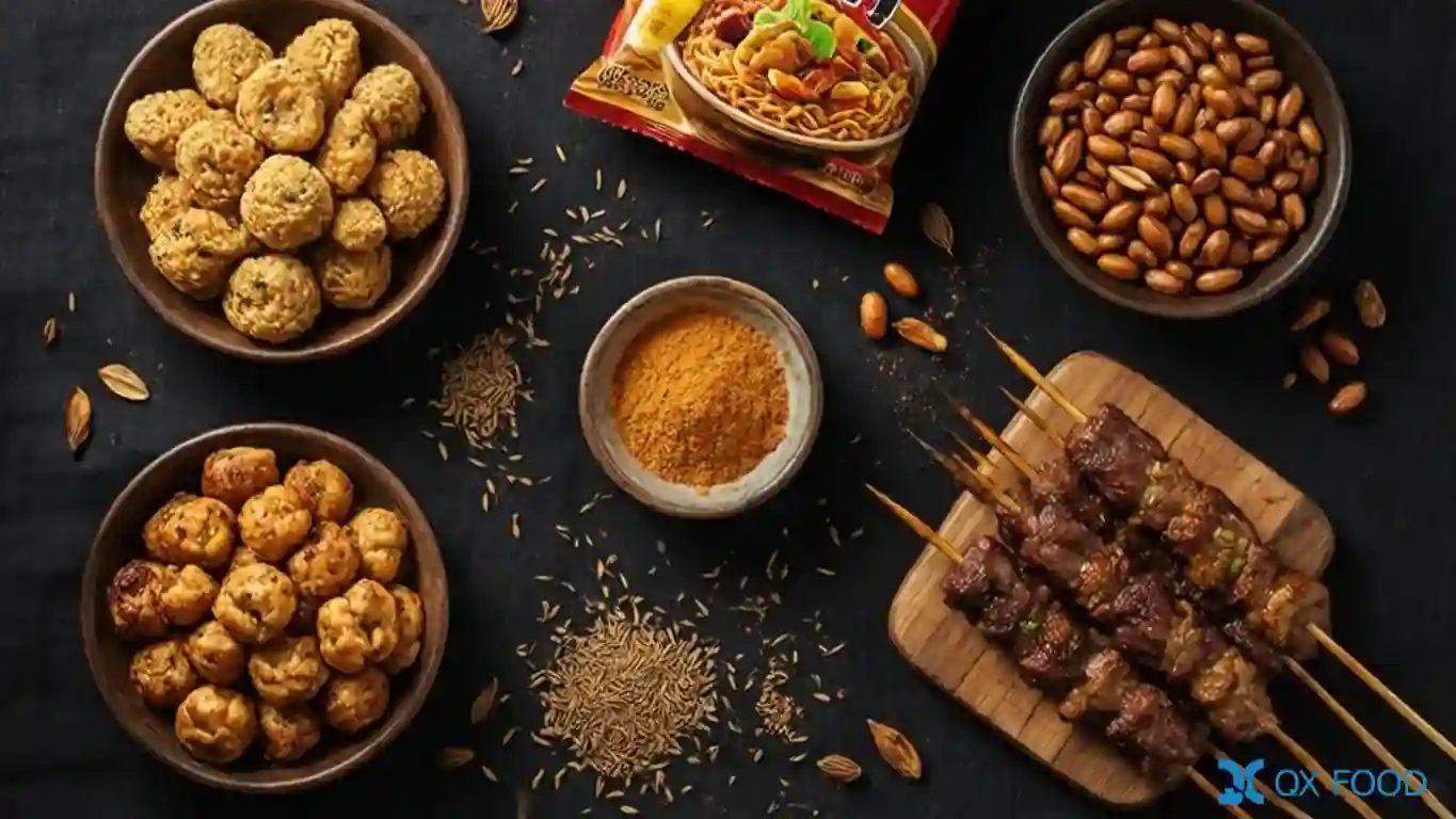 Multiple food products using WK9901 cumin compound seasoning powder including puffed snacks BBQ skewers fried nuts and instant noodles