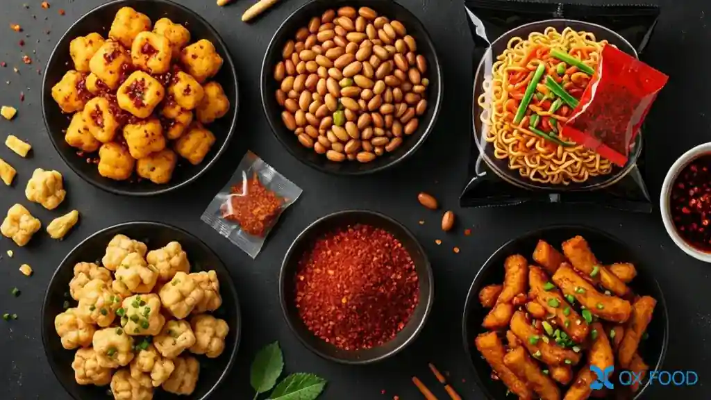 Multiple food products using XLJ-002 spicy chili chicken compound seasoning powder including puffed snacks fried nuts instant noodles and chicken strips