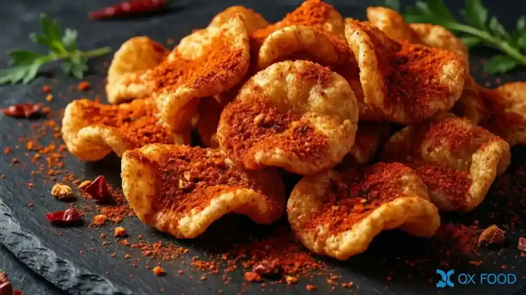 Spicy chili chicken compound seasoning powder XLJ-002 applied on puffed snacks showing even spicy coating rich chicken flavor