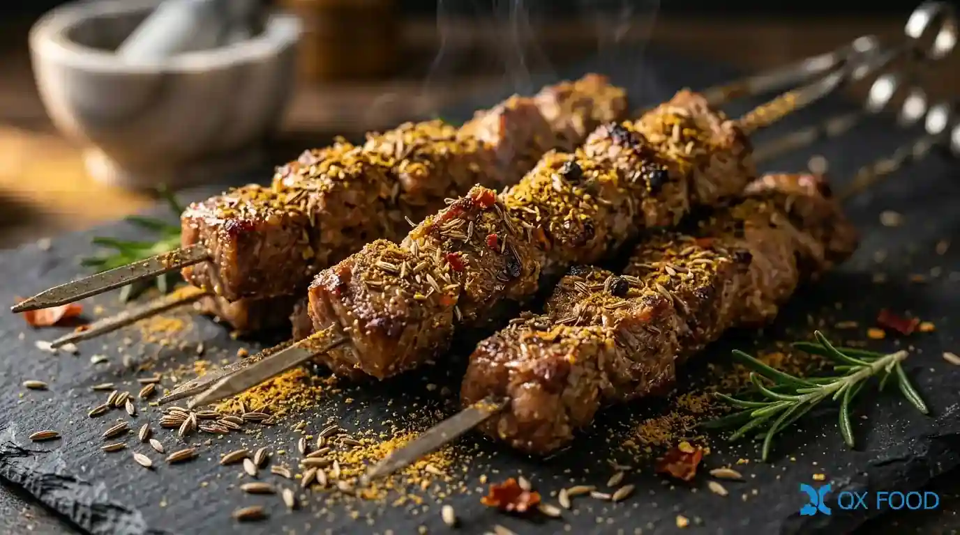 Cumin Lamb Seasoning Powder ZR-001 3 Cumin lamb seasoning powder ZR-001 applied on BBQ skewers and snack foods showing fresh rich cumin lamb coating authentic regional flavor