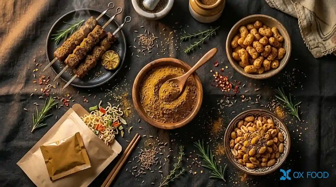 Cumin Lamb Seasoning Powder ZR-001 4 Multiple food products using ZR-001 cumin lamb compound seasoning powder including BBQ lamb skewers puffed snacks fried nuts and instant noodles