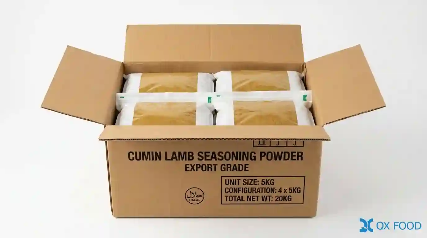 Cumin Lamb Seasoning Powder ZR-001 6 ZR-001 cumin lamb seasoning powder export packaging double layer PE inner bag high strength carton 4x5kg 1x20kg halal certified B2B import