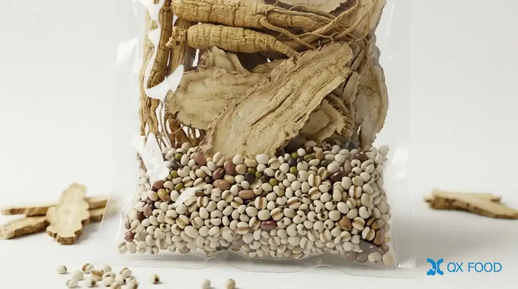 Close up view of whole dried botanical ingredients and raw seeds inside transparent AGSM-K22 herbal soup pack wholesale bag