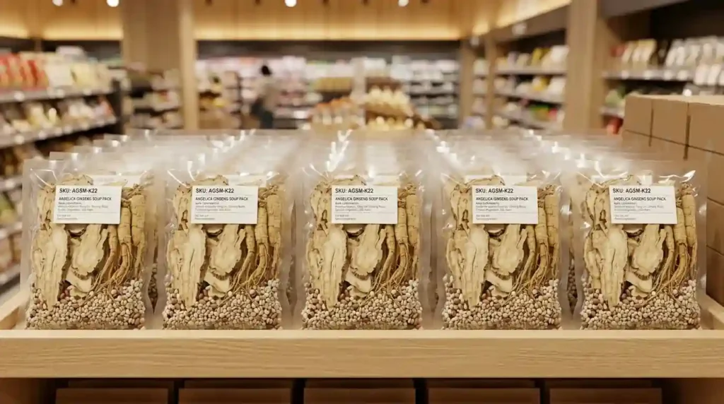 Premium retail shelf display of individual vacuum packed AGSM-K22 herbal soup pack wholesale kits in an Asian grocery store
