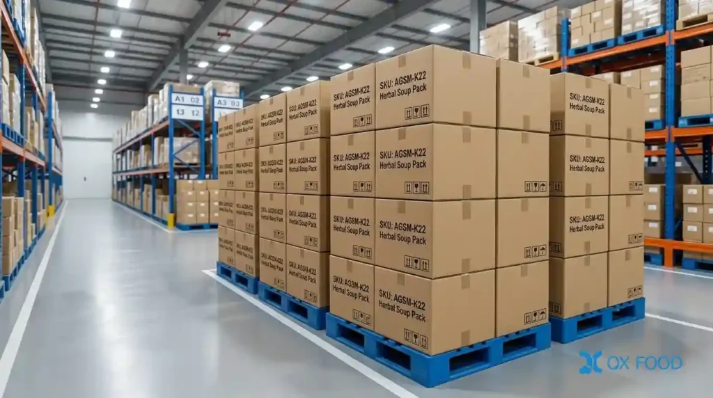 Wholesale cartons of AGSM-K22 herbal soup pack wholesale kits stacked on shipping pallets in clean food warehouse