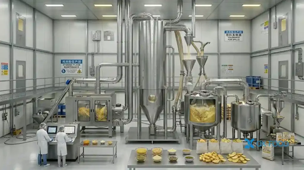 CFP-H19 Industrial Compound Chicken Seasoning Powder for B2B Food Manufacturers 4 Industrial food manufacturing factory producing chicken seasoning powder CFP-H19 spray drying enzymatic hydrolysis food processing facility OEM China